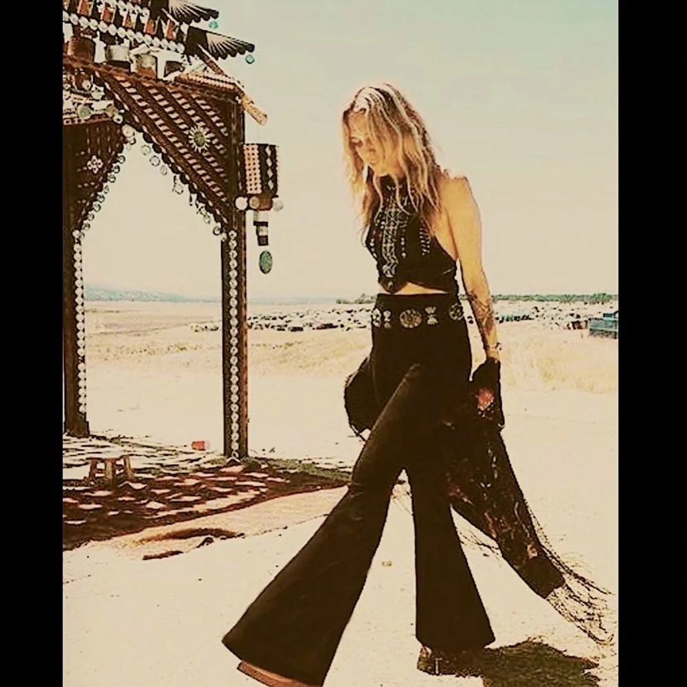 SHORT LENGTH High Waisted Black Bell Bottom Pants Boho Hippie Yoga Flare Pants